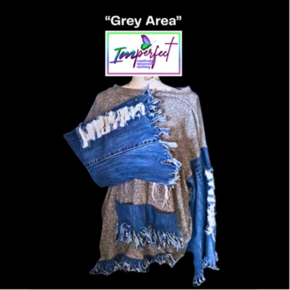 Upcycled grey sweater with denim sleeves - Picture 1 of 2